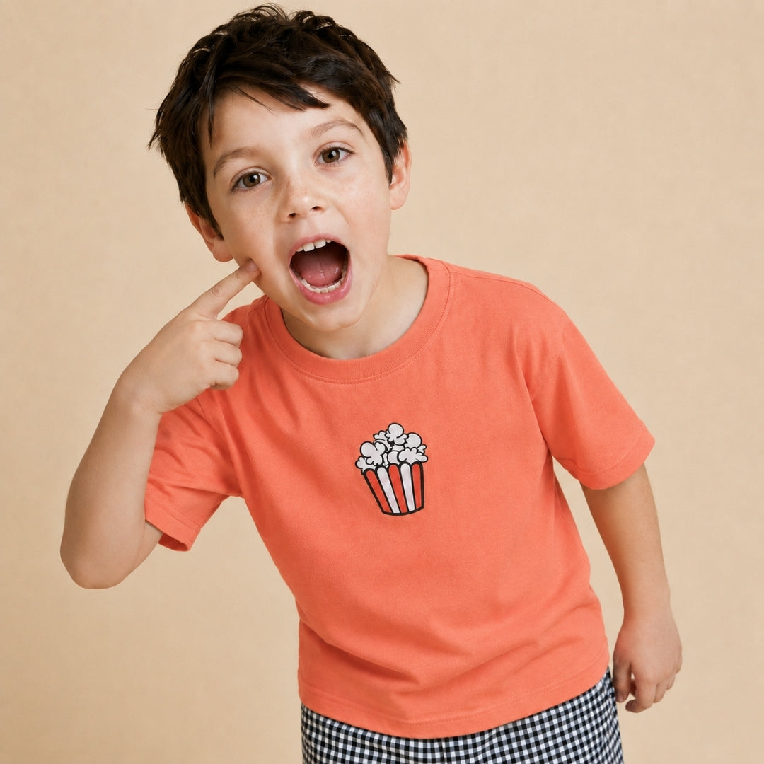 The Total Snack Clothing Set- Orange Oversized T-shirt with Checked Shorts