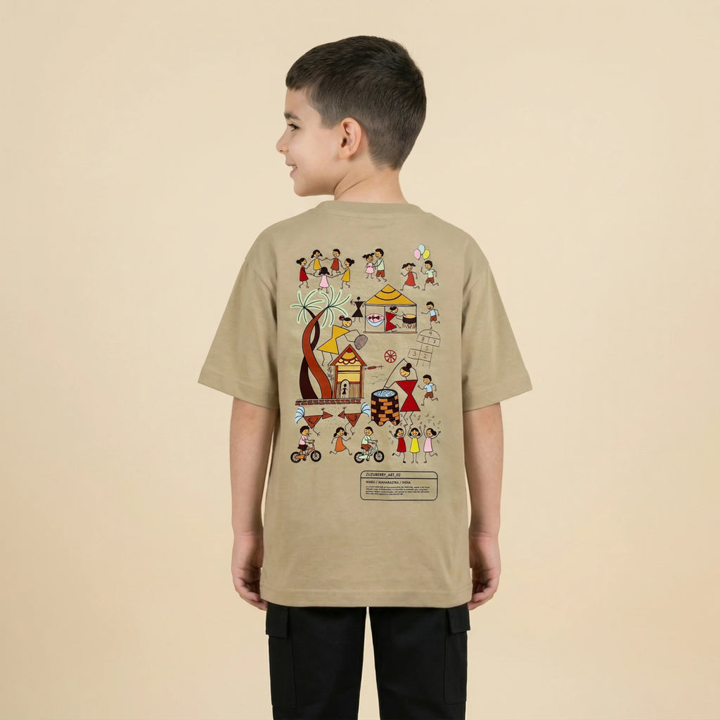 The Stick Squad - Warli Inspired Oversized Cotton T-shirt (Unisex)- Beige