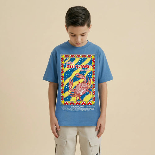 The Desi Claw Tee - Blue Madhubani Inspired Oversized Cotton T-shirt (Unisex)