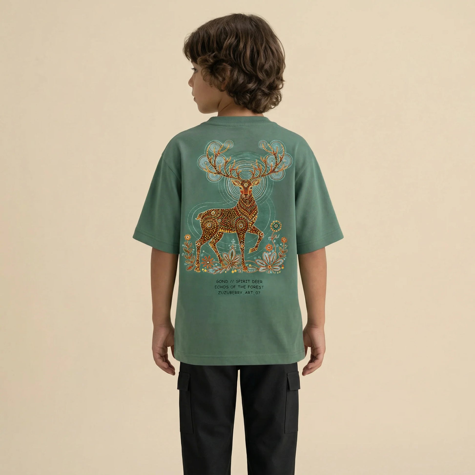 The Gond Deer- Green Oversized Cotton T-shirt (Unisex)