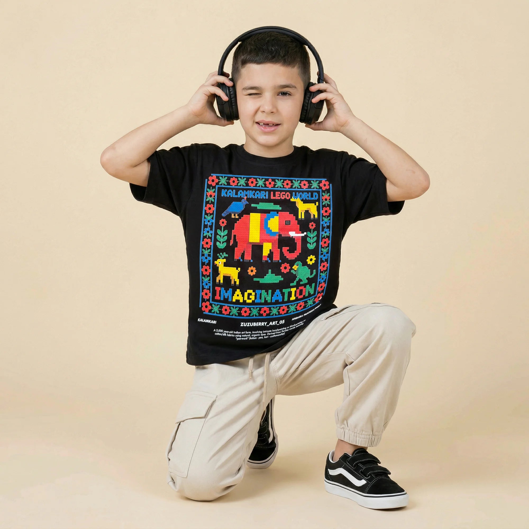 The Imagination Tee - Black Kalamkari Inspired Oversized Cotton T-shirt (Unisex)