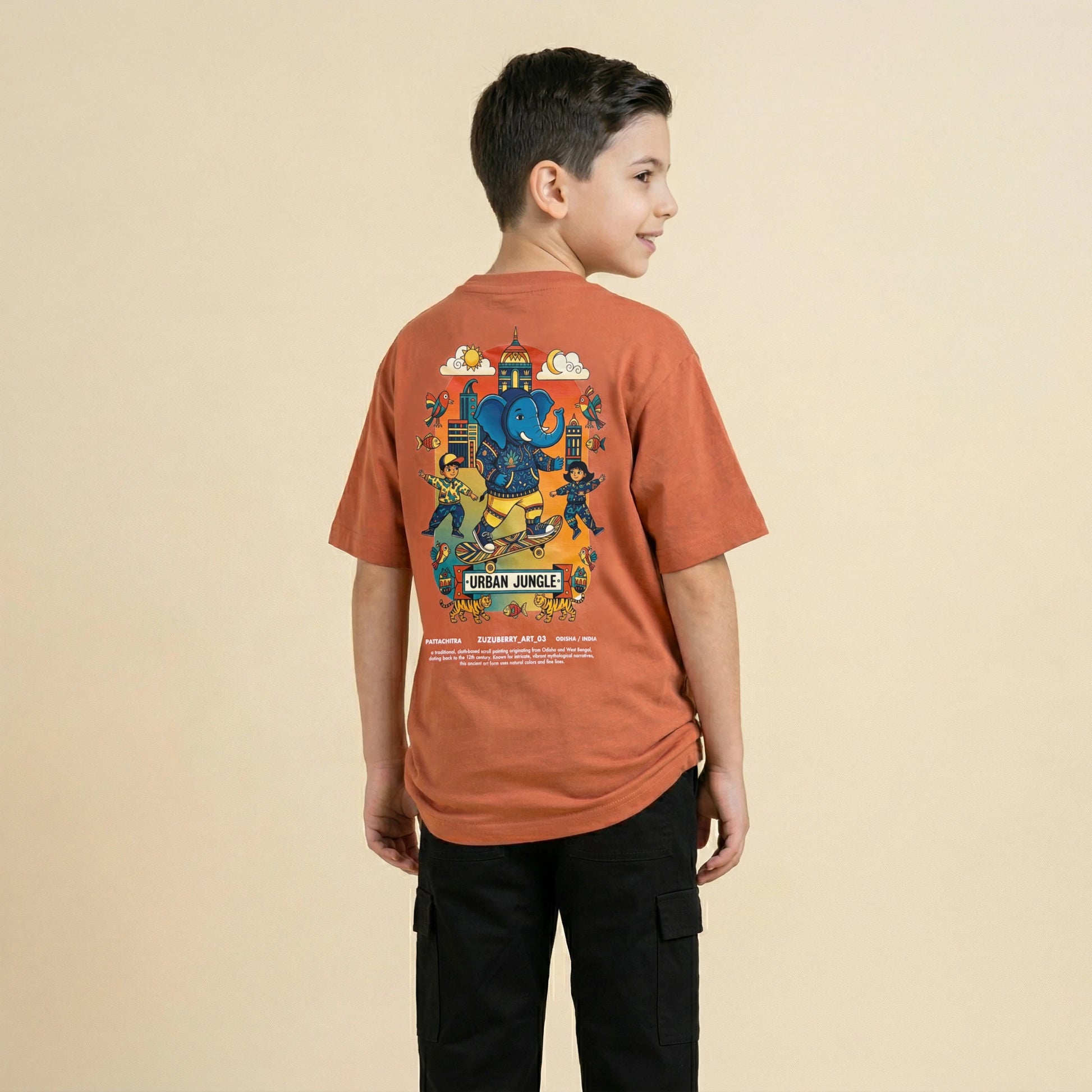 Culture Pop - Pattachitra Inspired Oversized Cotton T-shirt (Unisex)- Orange