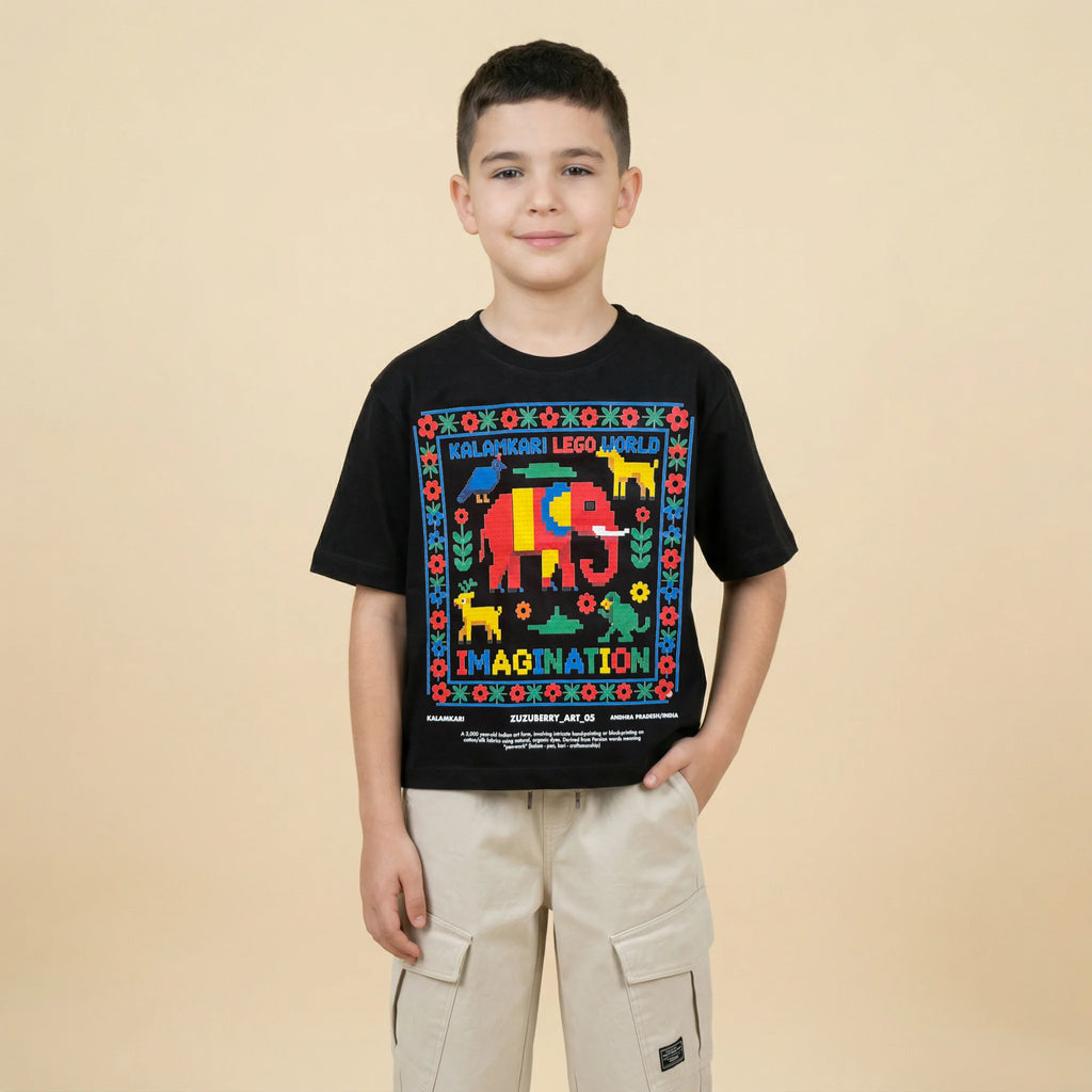 The Imagination Tee - Black Kalamkari Inspired Oversized Cotton T-shirt (Unisex)
