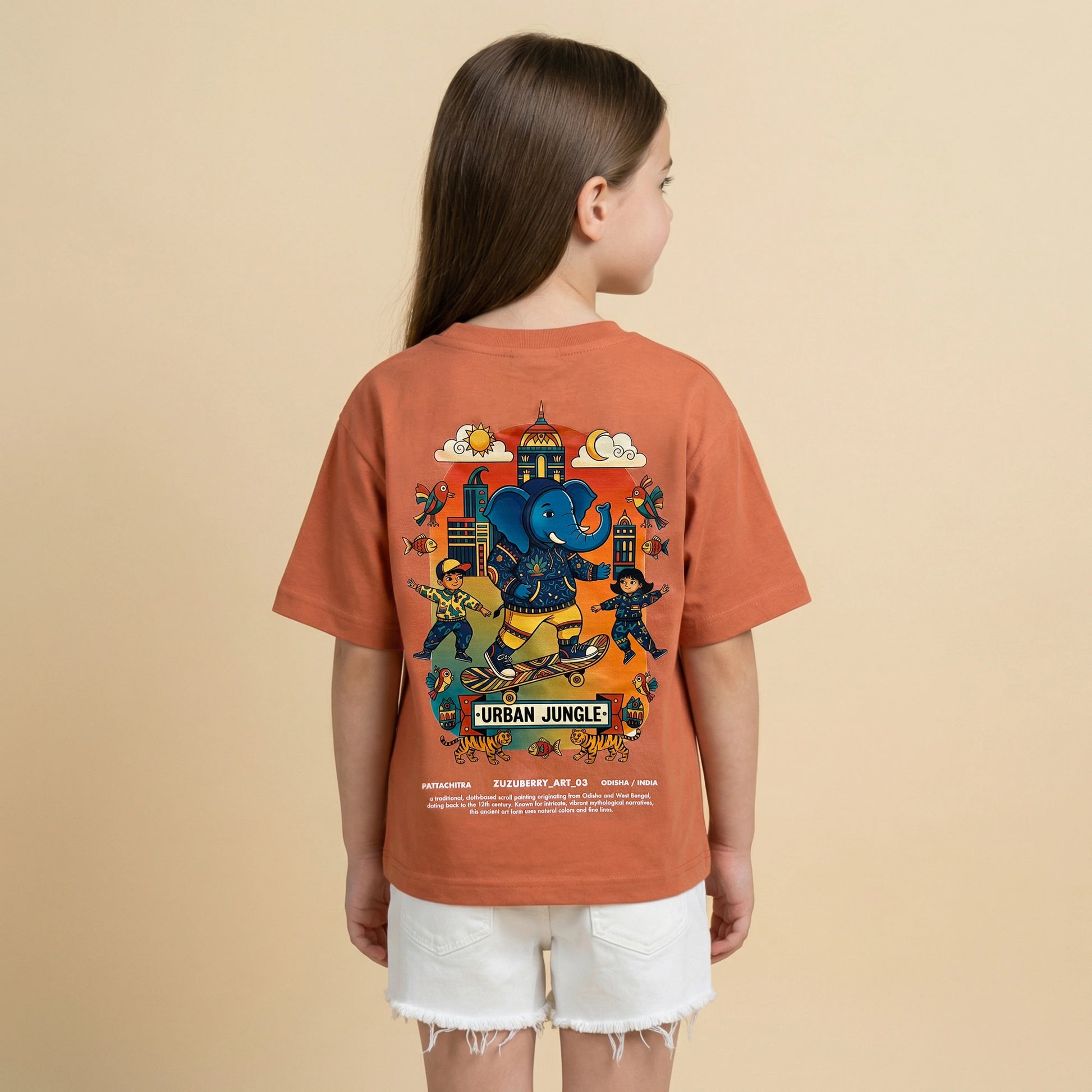 Culture Pop - Pattachitra Inspired Oversized Cotton T-shirt (Unisex)- Orange