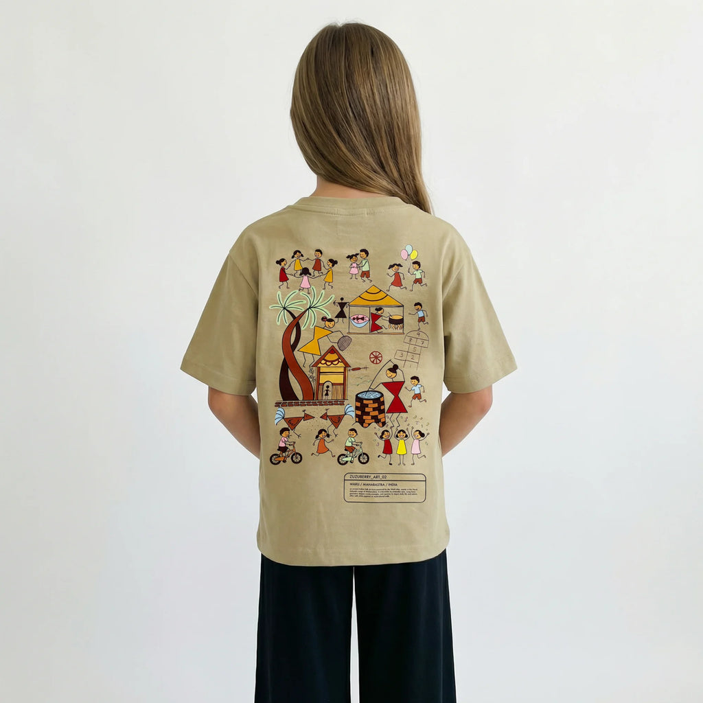 The Stick Squad - Warli Inspired Oversized Cotton T-shirt (Unisex)- Beige