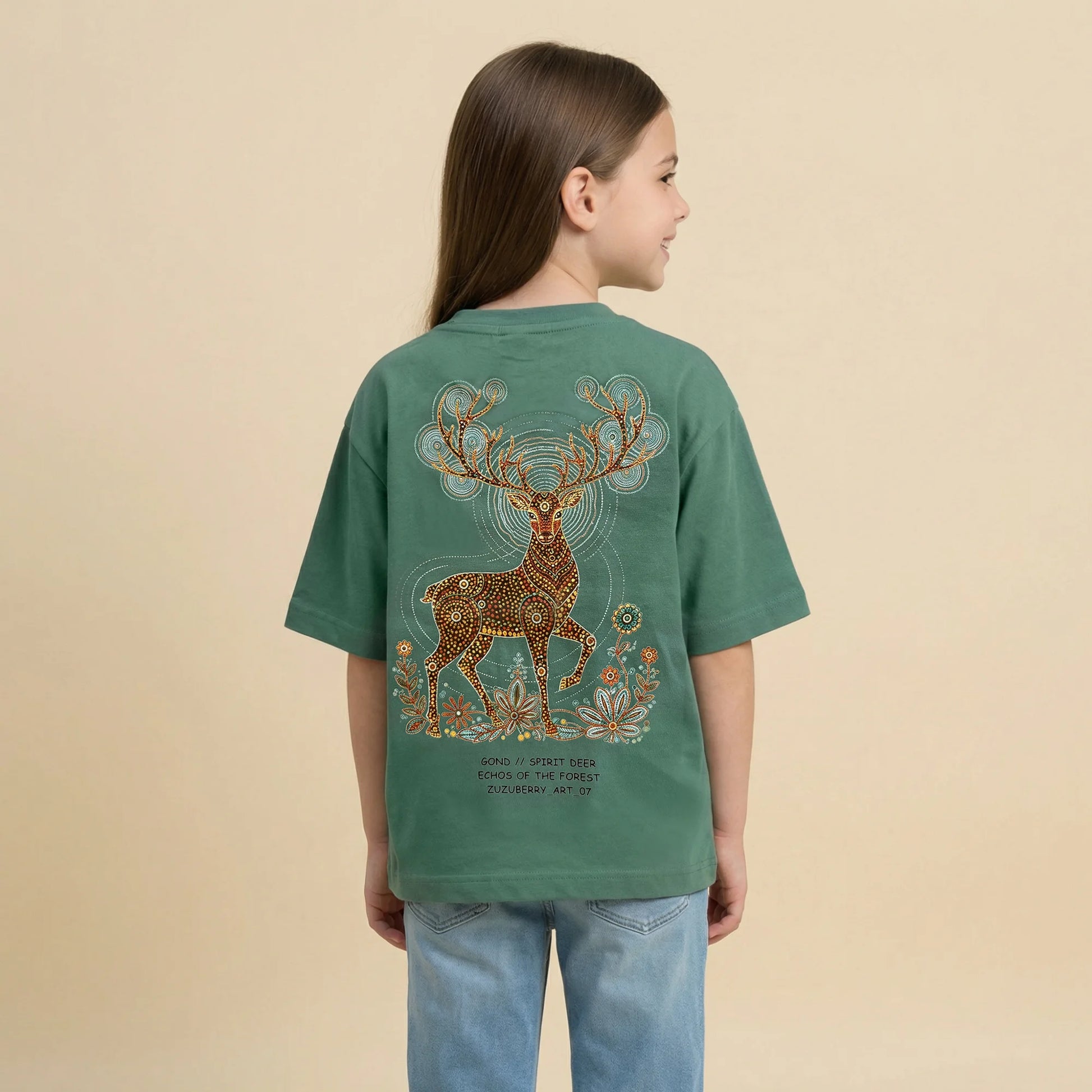 The Gond Deer- Green Oversized Cotton T-shirt (Unisex)