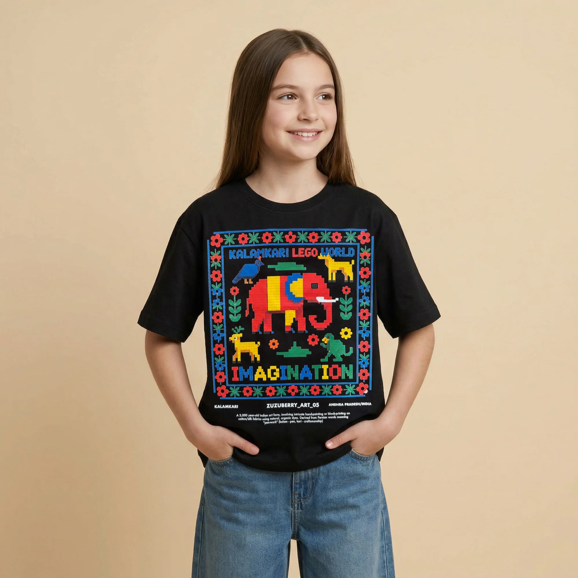 The Imagination Tee - Black Kalamkari Inspired Oversized Cotton T-shirt (Unisex)