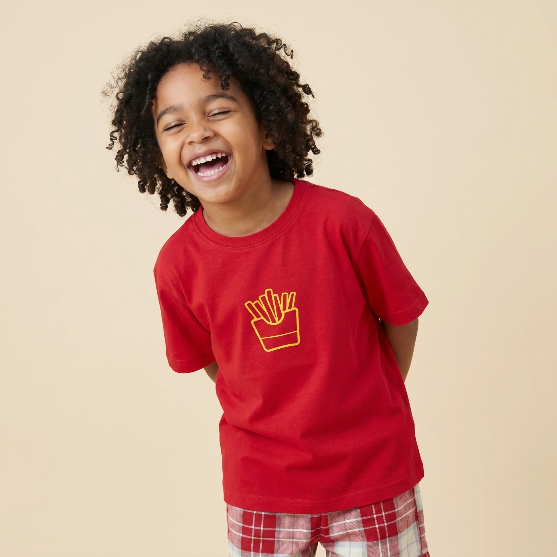 The Fries Clothing Set- Red Oversized T-shirt with Checked Shorts