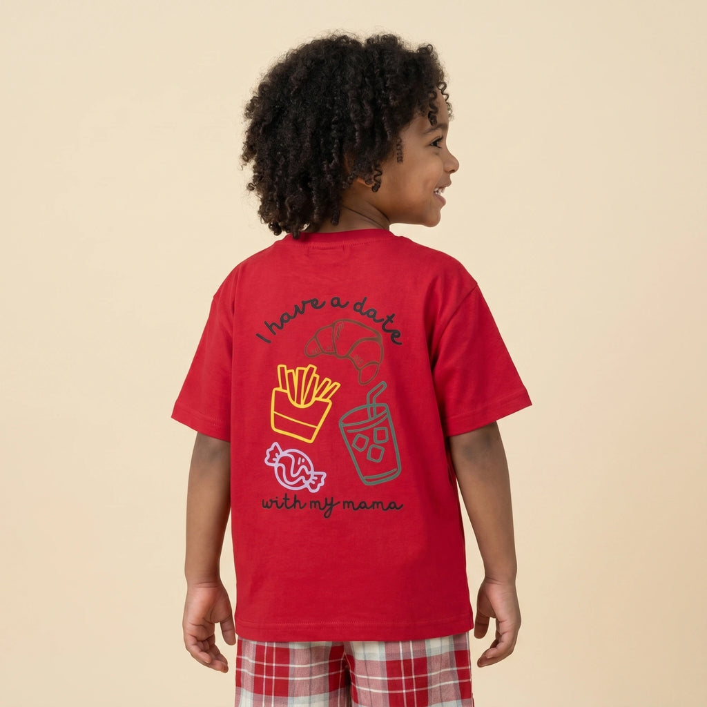 The Fries Clothing Set- Red Oversized T-shirt with Checked Shorts
