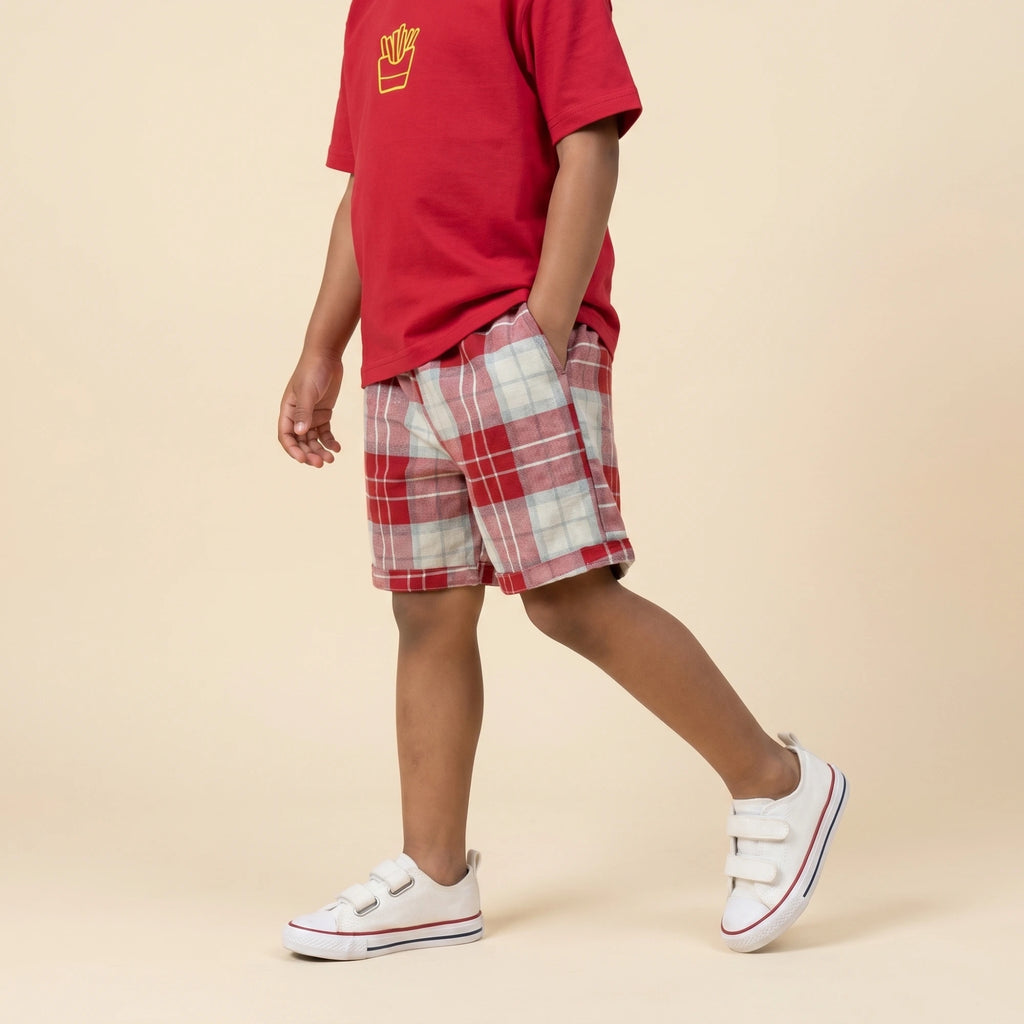 The Fries Clothing Set- Red Oversized T-shirt with Checked Shorts