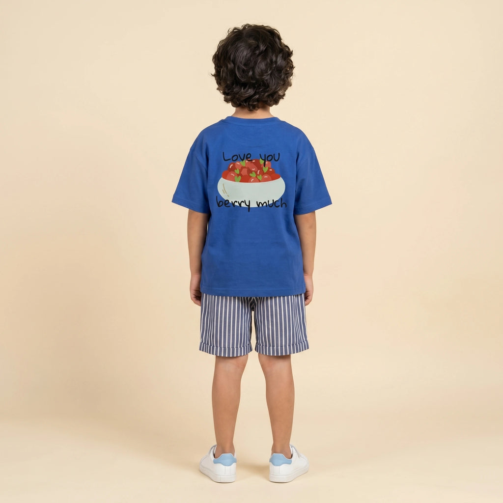 The Berry Much Clothing Set- Blue Oversized T-shirt with Striped Shorts