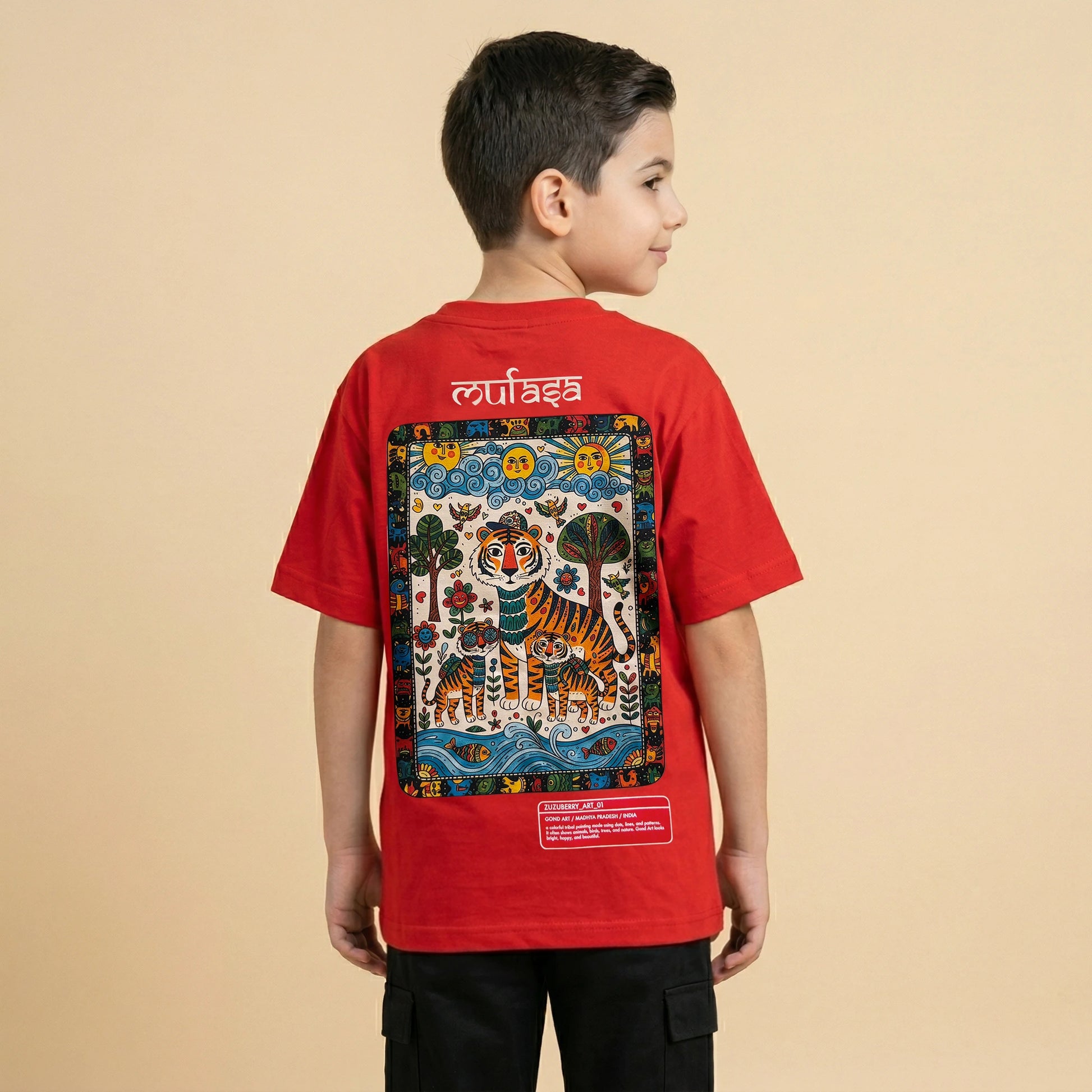 The Gond Tiger - Red Oversized Cotton T-shirt (Unisex)