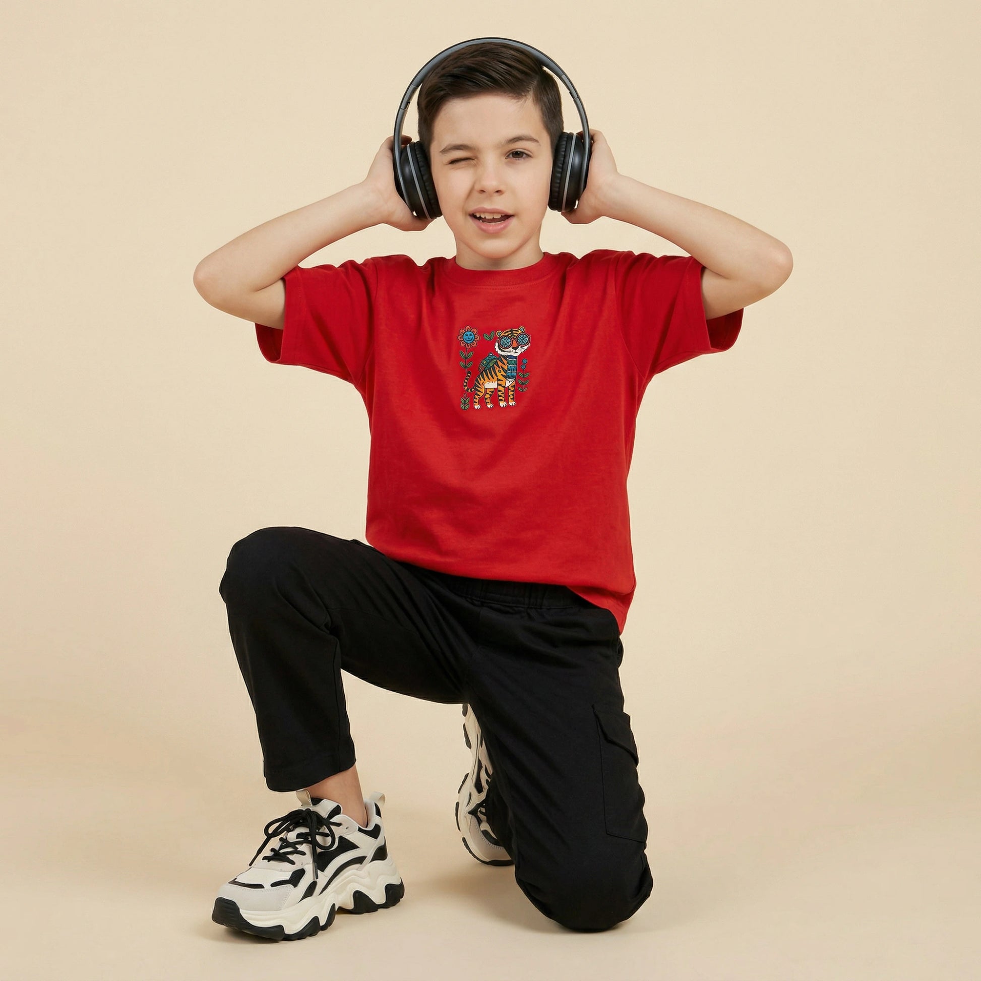 The Gond Tiger - Red Oversized Cotton T-shirt (Unisex)