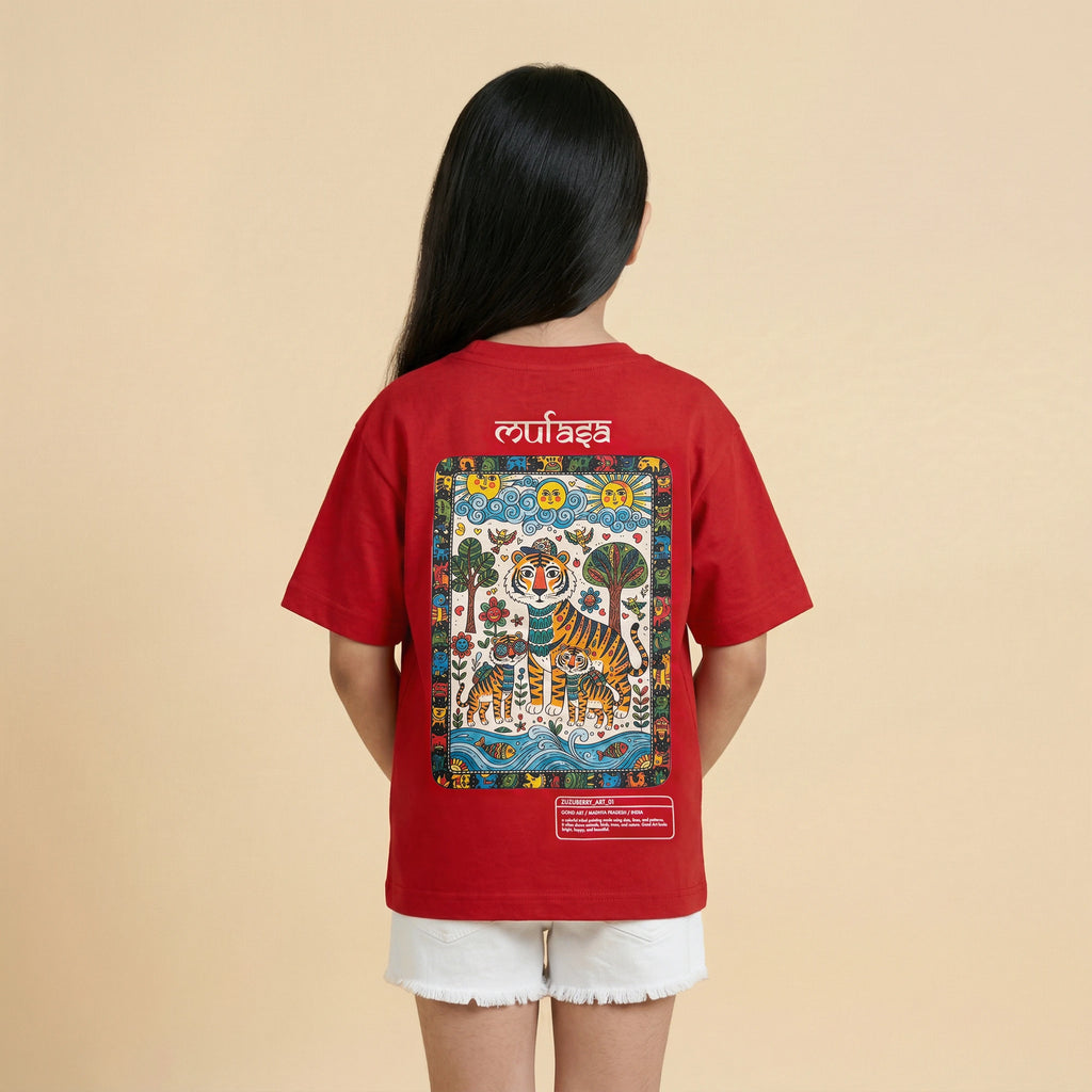 The Gond Tiger - Red Oversized Cotton T-shirt (Unisex)