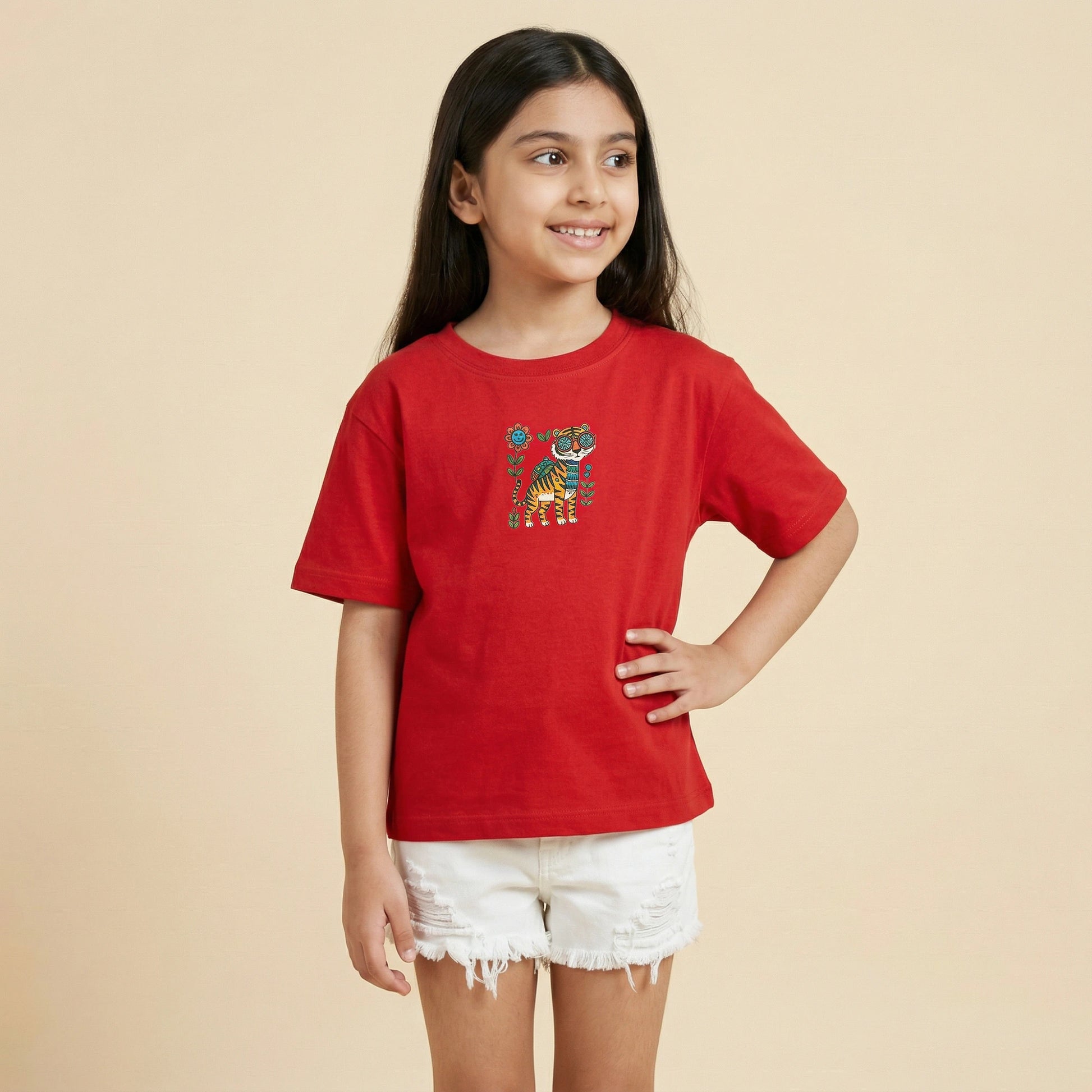 The Gond Tiger - Red Oversized Cotton T-shirt (Unisex)